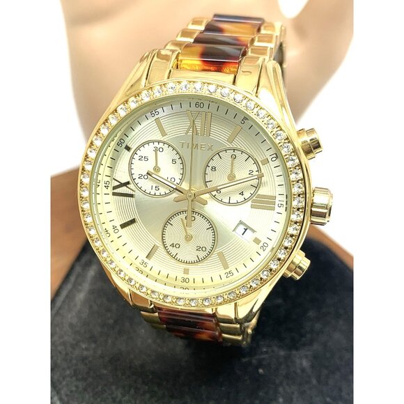 Timex Women's Watch TW2V74800 Quartz Chronograph Gold Tortoise Gemmed 38mm - Picture 1 of 14